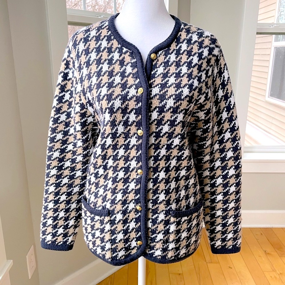 Croft & Barrow Navy Tan White Herringbone Cardigan Sweater Brass Buttons Sz S